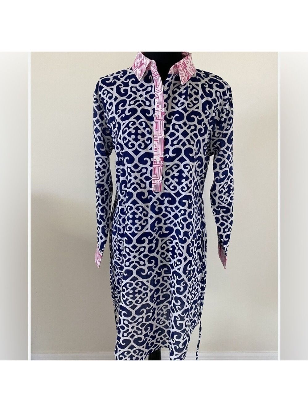 French curve mixed pattern quarter button sheer dress or swim coverup small